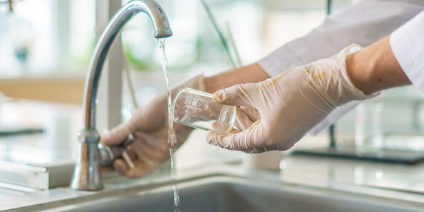 Scientist wearing gloves filling a beaker with water from a lab faucet.