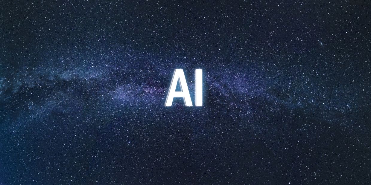 Glowing AI text against a starry galaxy backdrop.