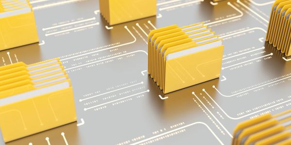 Yellow file folders connected by circuit-like lines on a digital surface.