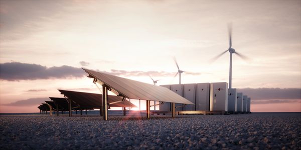 Image of sustainable power sources including solar panels and windmills