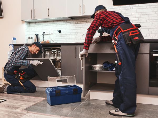 Two male repairmen with tool belts work on a kitchen appliance and cabinets.