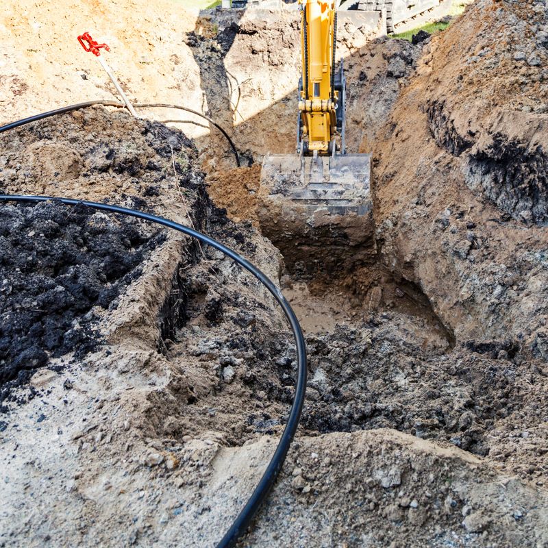 Trenching is being done to install an underground water pipe from a newly drilled residential water well to a residential home.