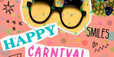 Colorful carnival-themed design with glasses and festive text.