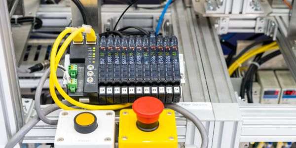 Control panel with emergency stop and yellow button in an industrial setting.