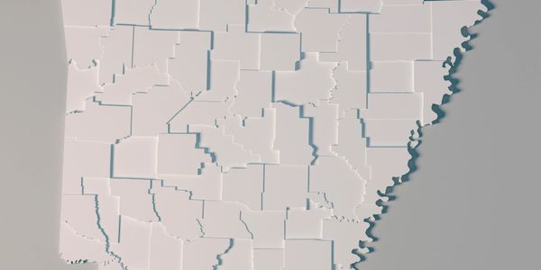 3D map showing counties of Arkansas with distinct borders and elevations.