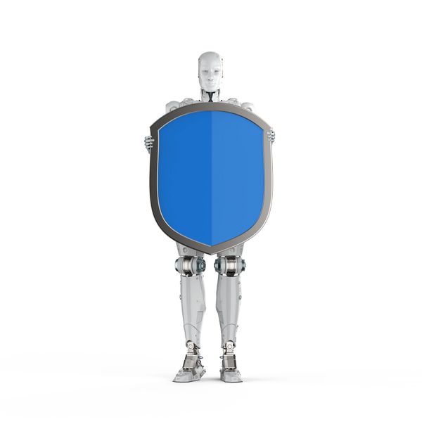 A robot holding a large blue shield, symbolizing protection.