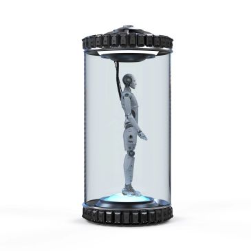 Robot suspended inside a transparent cylindrical container.