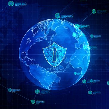 Digital globe with a shield and keyhole symbolizing global cybersecurity.