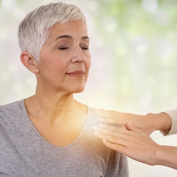 Older woman sitting in relaxed position receiving Reiki energy