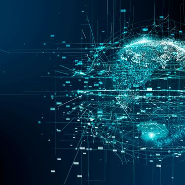 Digital globe with data points and interconnected lines on dark background.