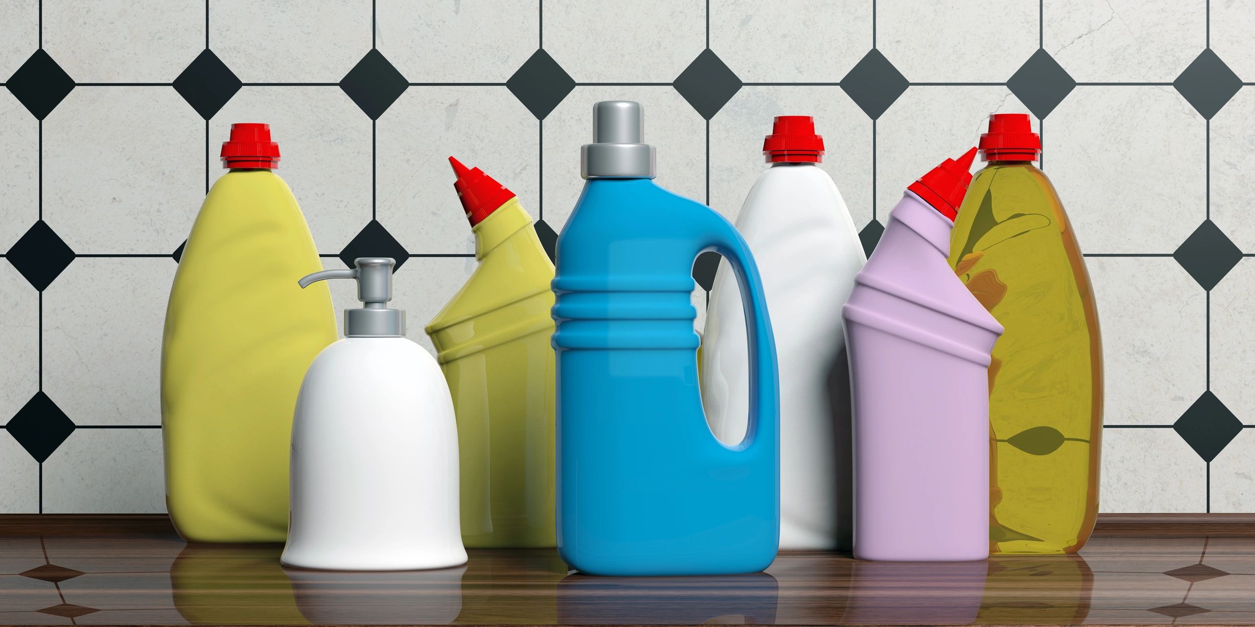Various colorful cleaning product bottles lined up.
