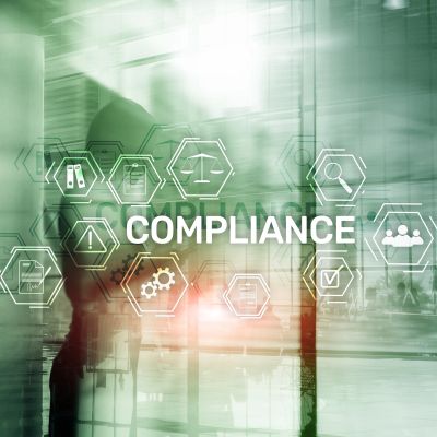 Digital compliance concept with icons and text.