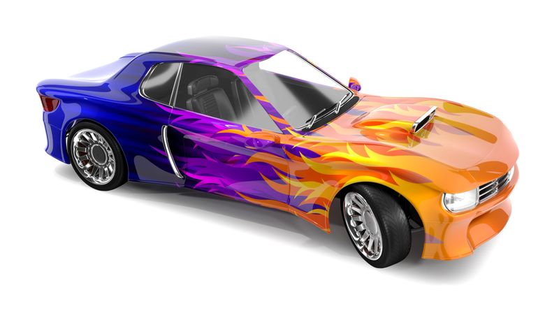Muscle car with colored pattern of flame, blue. 3d illustration isolated on white.