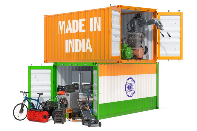 Production and shipping of electronic and appliances from India, 3D rendering isolated on white background
