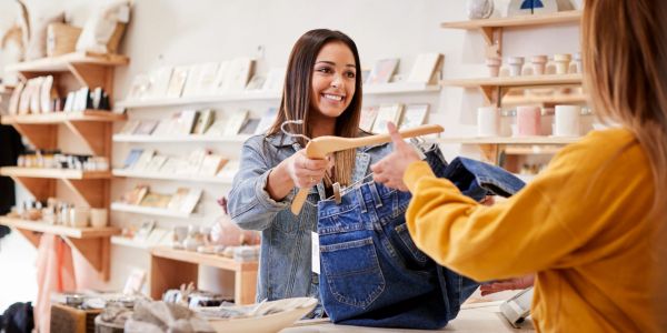 Smiling woman handing jeans to customer in clothing store.