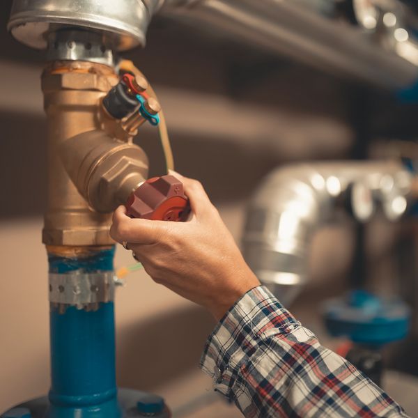 Person adjusting a valve on a large industrial pipe.