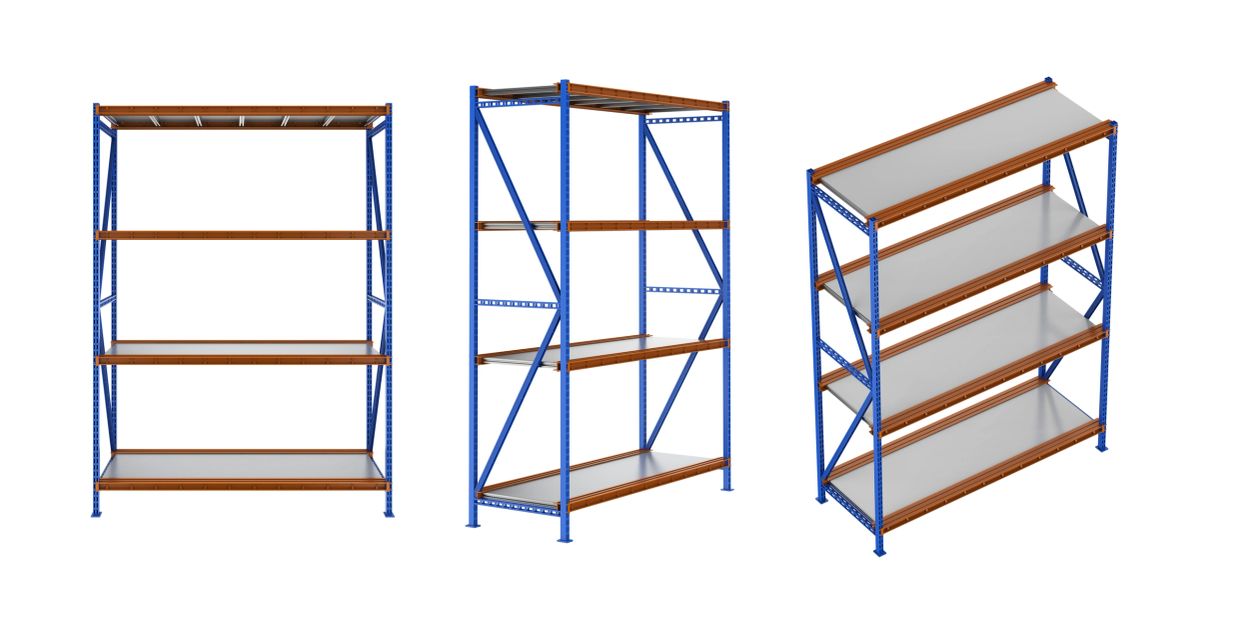 Three perspectives of blue and brown metal storage racks with shelves.