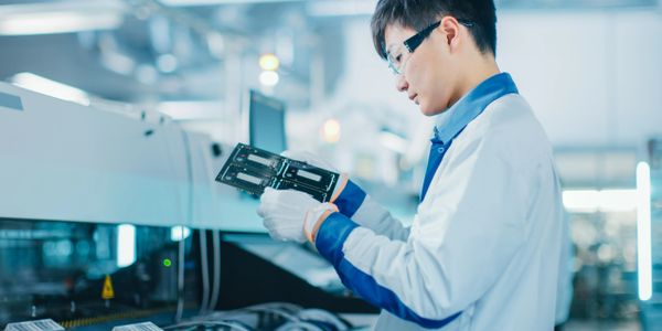 Technician inspecting electronic components in a lab.