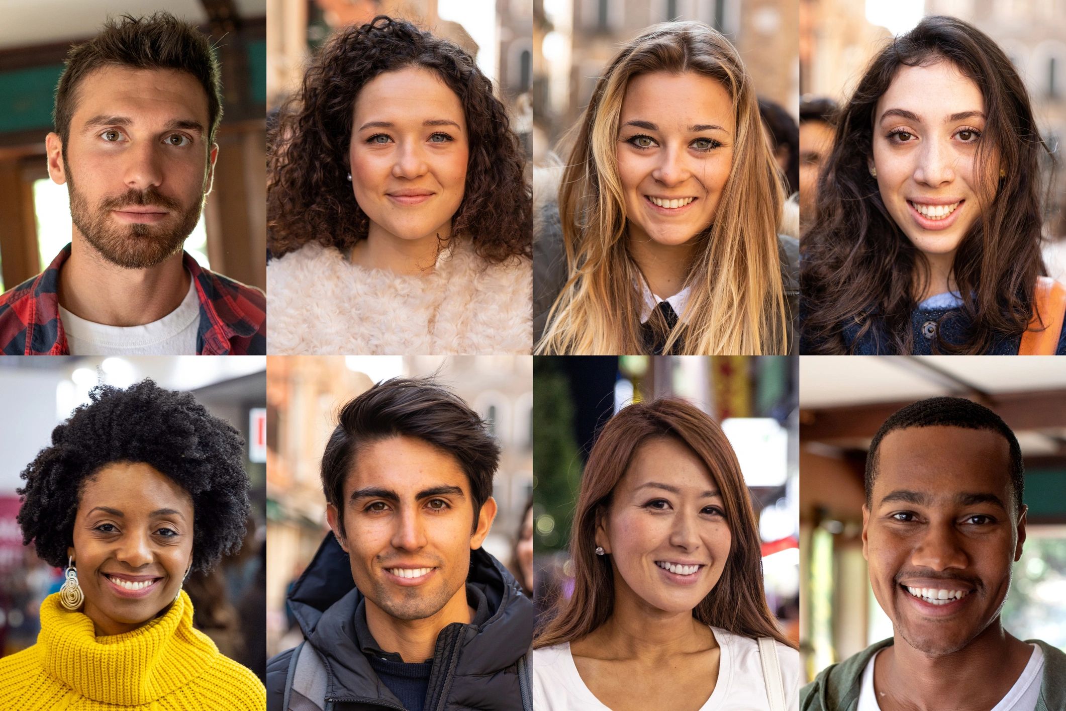 Collage of diverse smiling people in various urban settings.