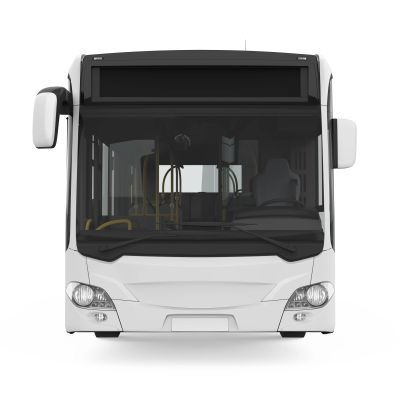 Front view of a white bus.