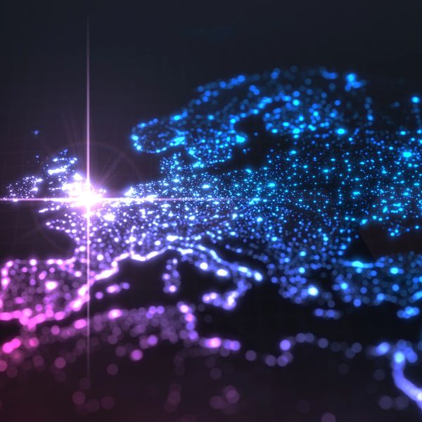 Digital glowing map highlighting Europe with vibrant blue and purple lights.