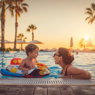 Madre e hijo disfrutando en la piscina al atardecer.