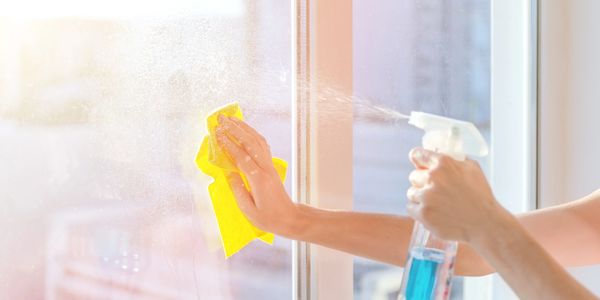 Person cleaning a glass window with a spray bottle and yellow cloth.
