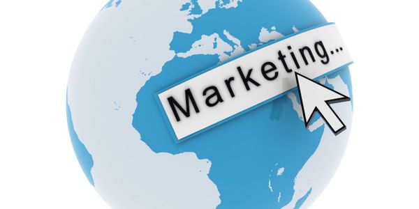 Globe with a cursor clicking on 'Marketing...' text.