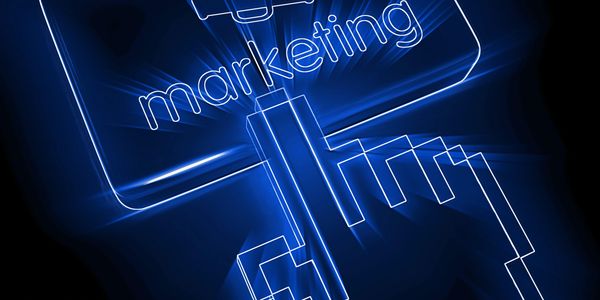 Glowing blue digital icon of a hand cursor clicking on marketing with a megaphone symbol.