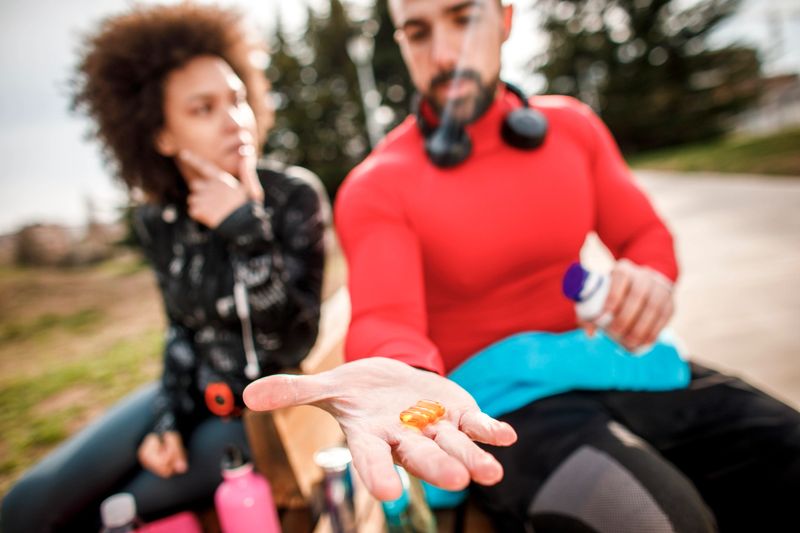 Strong athletic male holding out three capsules on his palm while sitting on a park bench next to a young woman.