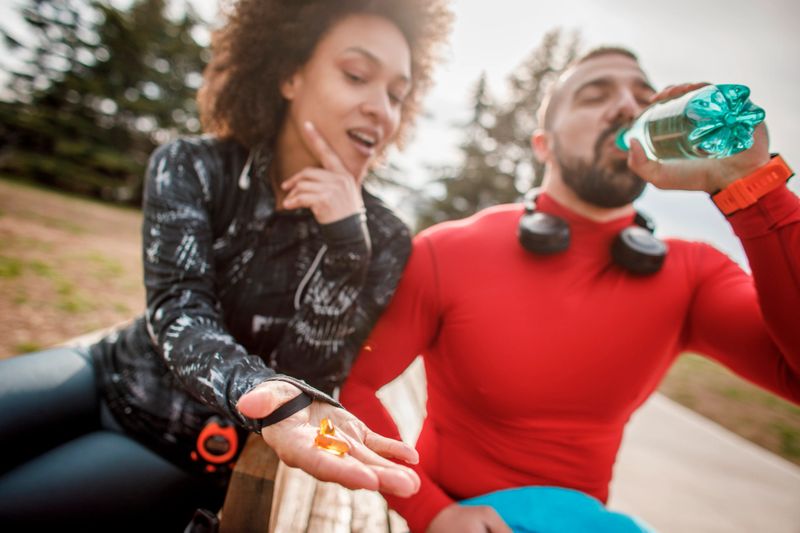 Young athletic female sitting on a bench in a public park with her partner, holding a couple of orange pills on the palm of her hand. Her partner is drinking water.