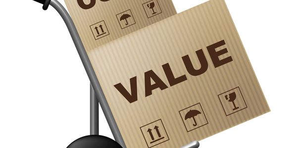 Hand truck carrying boxes labeled 'COST' and 'VALUE'.