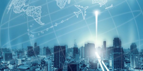 City skyline with digital world map and airplane overlay representing global connectivity.