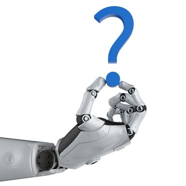 A robotic hand holding a large blue question mark symbol.