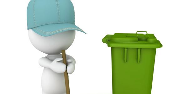 3D character with a cap holding a broom next to a green trash bin.