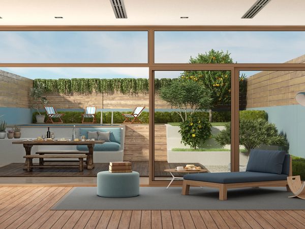 Render of modern building interior with large wooden-framed glass 