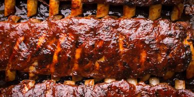 Close-up of glazed barbecue ribs.