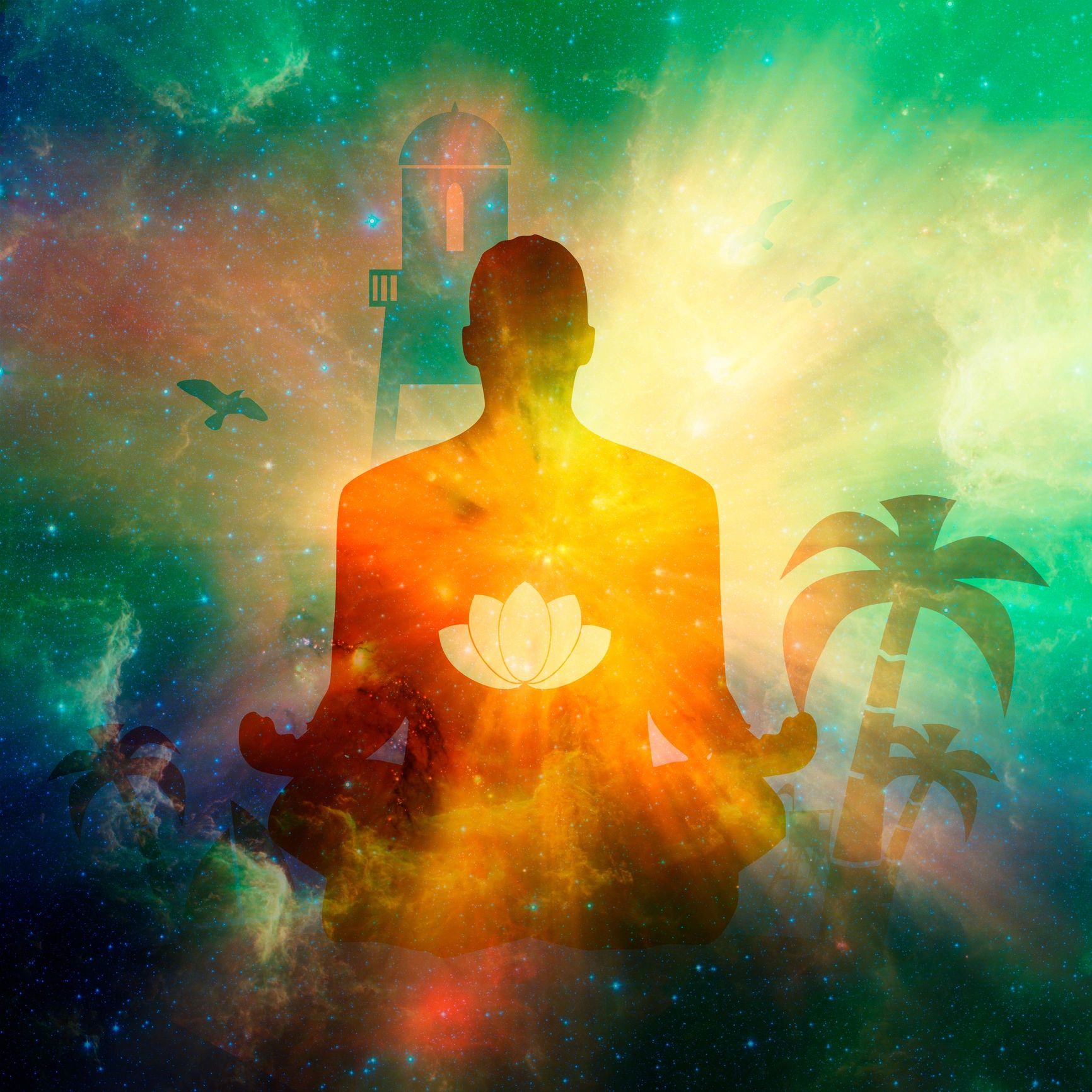 Meditative silhouette with cosmic background and lotus symbol.