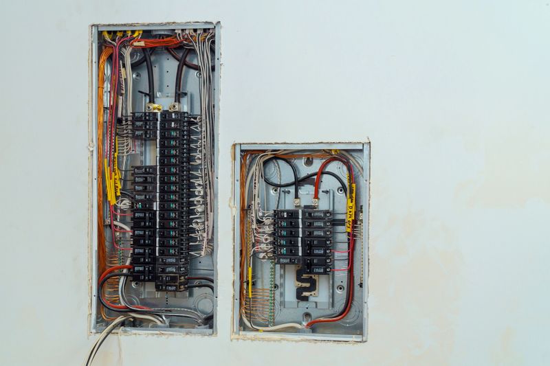 Electrical voltage switchboard box with wires with circuit breakers.