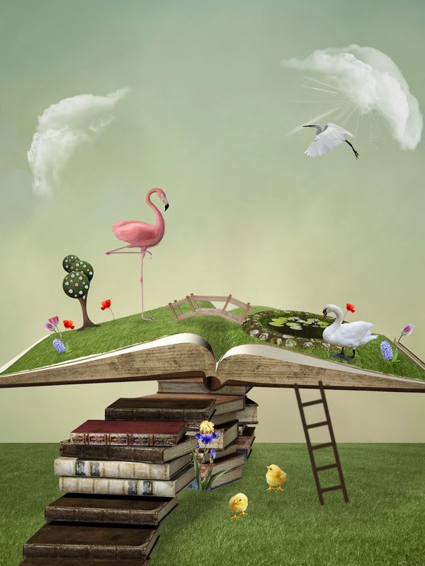 A whimsical scene of birds, flowers, and a pond on an open book with a ladder and chicks below.