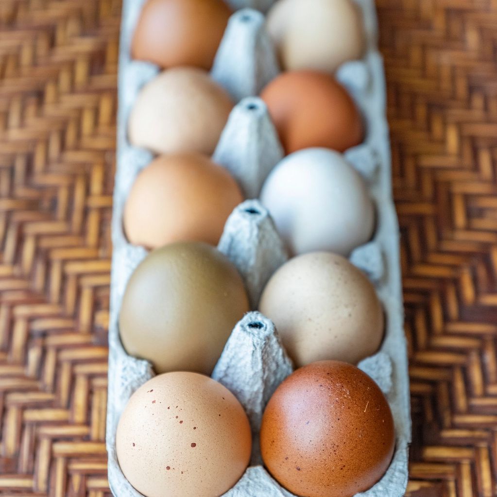 Colorful assorted eggs in a carton on a woven surface.