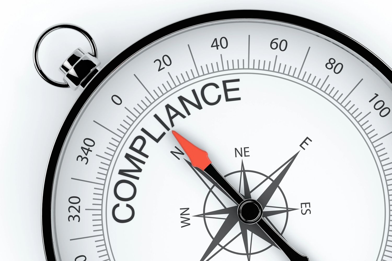 Close-up of a compass with the word 'COMPLIANCE' replacing the north direction.