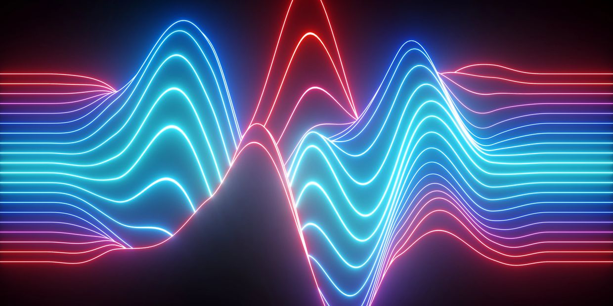 Glowing neon waves in vibrant blue and red colors undulating on a dark background.