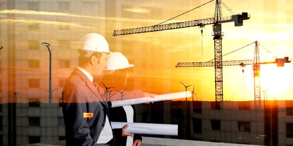 Two engineers in hard hats reviewing construction plans at sunset with cranes in the background.
