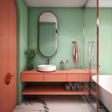 Modern bathroom with pastel green and coral accents.