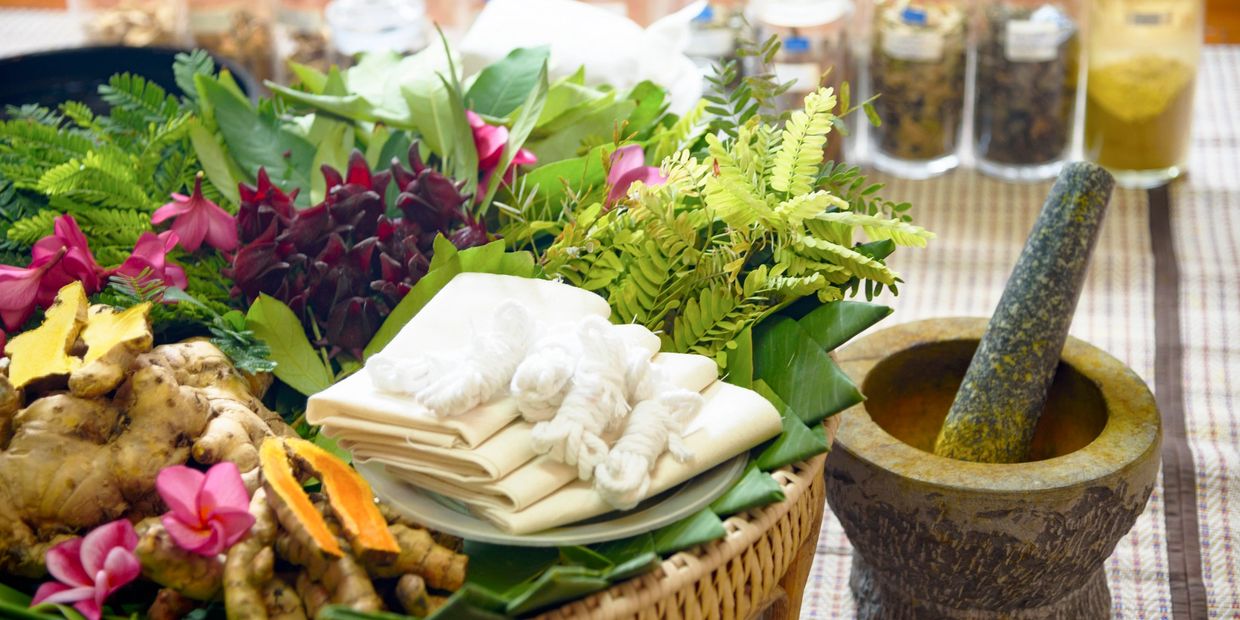 Herbs, roots, and a mortar and pestle on a table.