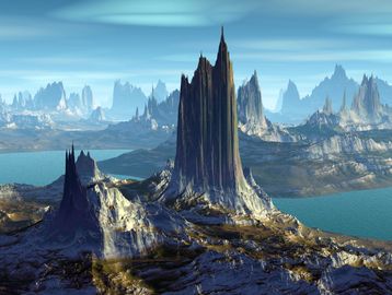 A fantastical mountain castle climbs into the sky on a misty morning in an unknown world.