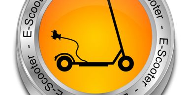 Icon of an electric scooter on an orange circular background with a silver border.