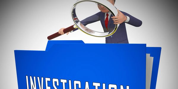 Cartoon man inspecting a blue folder labeled INVESTIGATION mortgage fraud court corruption 