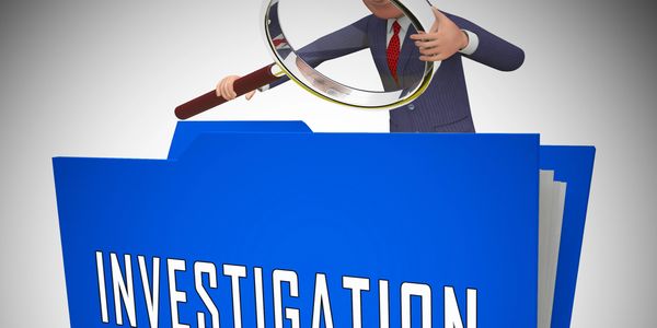 Cartoon man inspecting a blue folder labeled INVESTIGATION with a magnifying glass.